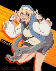Rule 34 | 1boy, absurdres, androgyne symbol, blonde hair, blue eyes, blush, bridget (guilty gear), double v, fingerless gloves, gloves, guilty gear, guilty gear strive, highres, hood, hoodie, long sleeves, looking at viewer, male focus, open mouth, redica val, simple background, smile, solo, trap, v