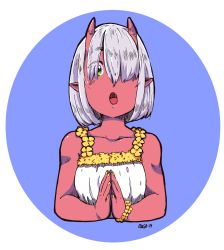 Rule 34 | 1girl, :o, absurdres, akiosketch, bare shoulders, blue background, colored skin, commentary, dated, dress, eyes visible through hair, fang, fingernails, green eyes, grey hair, hair over eyes, hair over one eye, highres, horns, looking at viewer, momo (ignacio penailillo), nail polish, one eye covered, oni, oni horns, original, pointy ears, red skin, short eyebrows, short hair, signature, solo, sundress, wristband, yellow nails