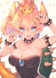 Rule 34 | 1girl, armlet, armpits, bare shoulders, black dress, blonde hair, blue eyes, bowsette, bracelet, breasts, cleavage, collar, commentary request, crown, dress, earrings, fangs, fingernails, horns, jewelry, large breasts, long fingernails, mario (series), nail polish, new super mario bros. u deluxe, nintendo, ponytail, shell, solo, spiked armlet, spiked bracelet, spiked collar, spiked tail, spikes, star (symbol), starry background, strapless, strapless dress, super crown, suzuho hotaru, tail, thick eyebrows, upper body, v-shaped eyebrows