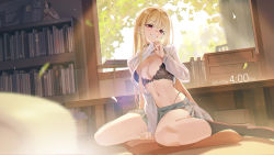 Rule 34 | 1girl, arm support, bag, basket, between legs, black bra, black choker, black socks, blonde hair, blunt bangs, blurry, bookshelf, bow, bow bra, bra, breasts, chest of drawers, choker, cleavage, clothes lift, commentary, curtains, cushion, day, depth of field, desk, desk lamp, doll, dutch angle, ear piercing, earrings, english text, grin, hand between legs, hand up, head tilt, highleg, highleg panties, highres, hina ningyou, indoors, jewelry, kitagawa marin, kneehighs, lamp, large breasts, leaf, lifted by self, light particles, long hair, long sleeves, looking to the side, miniskirt, mio-muo1206, motion blur, navel, no shoes, panties, piercing, pleated skirt, red eyes, school bag, school uniform, shirt, shirt lift, sitting, skirt, smile, socks, solo, sono bisque doll wa koi wo suru, straight hair, sweat, timestamp, underwear, wariza, white shirt, wind, zabuton