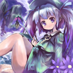 Rule 34 | 1girl, backpack, bag, blue eyes, blue hair, blush stickers, female focus, flower, hair bobbles, hair ornament, hat, kawashiro nitori, key, long hair, looking at viewer, matching hair/eyes, outdoors, pouch, skirt, smile, solo, touhou, tree, two side up, xexu