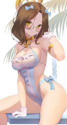 Rule 34 | 1girl, absurdres, arm garter, arm support, armpits, azur lane, bare shoulders, between legs, blue bow, bow, breasts, brown eyes, brown hair, check copyright, choker, cleavage, closed mouth, commission, copyright request, cosplay, covered navel, criss-cross halter, cross, emile bertin (azur lane), emile bertin (azur lane) (cosplay), emile bertin (cote d&#039;azur) (azur lane), glasses, gloves, hair bow, halo, halterneck, hand up, highres, jun (aousa0328), looking at viewer, medium breasts, one-piece swimsuit, orange eyes, original, parted bangs, round eyewear, short hair, simple background, sitting, skeb commission, smile, solo, swimsuit, thighs, white background, white gloves