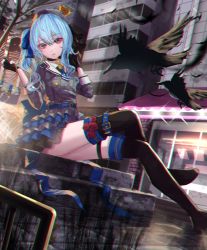 Rule 34 | 1girl, bag, belt, bird, black choker, black footwear, black gloves, blue belt, blue hair, blue neckerchief, blurry, blurry background, blurry foreground, boots, breasts, building, buttons, choker, chromatic aberration, collared shirt, commentary request, crossed legs, crow, crown, depth of field, double-breasted, dress, flower, frilled dress, frills, gloves, grey dress, grey eyes, grey headwear, hair ribbon, handbag, hands up, head tilt, highres, holding, hololive, hoshimachi suisei, hoshimachi suisei (1st costume), leaning back, legs, lens flare, long sleeves, neckerchief, partially fingerless gloves, plaid, plaid dress, plaid headwear, ribbon, rose, shadow, shirt, side ponytail, sidelocks, sitting, small breasts, solo, thigh boots, thighs, tilted headwear, tree, virtual youtuber, yusuke (shiota)