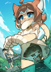 Rule 34 | 2boys, ahoge, animal ears, animal hands, animal nose, bell, biting own tail, blue eyes, brown fur, brown hair, cat boy, cat ears, cat tail, colored tips, convenient censoring, cowboy shot, fish, furry, furry male, hair between eyes, highres, holding own tail, indie virtual youtuber, jingle bell, kotoba (1074421015), mouth hold, multicolored hair, multiple boys, naked shirt, neck bell, off shoulder, shirt, short eyebrows, short hair, short sleeves, single bare shoulder, tail, tail in mouth, thick eyebrows, two-tone fur, wading, white fur, white hair, white shirt, wringing clothes