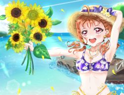 Rule 34 | 1girl, artist name, artist request, bare shoulders, beach, bikini, blue sky, blush, bow, breasts, brown footwear, cloud, collarbone, earrings, female focus, flower, flower hat, flower print, hair bow, hat, hat bow, highres, holding, holding clothes, holding flower, holding hat, jewelry, looking at viewer, love live!, love live! sunshine!!, minami yuka (kimikoko thanks), nail polish, necklace, ocean, orange hair, outdoors, parted lips, purple bikini, purple bow, red eyes, short hair, sky, small breasts, smile, solo, star (symbol), star earrings, star necklace, sunflower, swimsuit, takami chika, twintails, white bow, yellow petals, yukacchi inamin