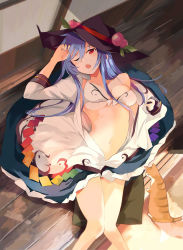 Rule 34 | 1girl, ;o, arm up, bare shoulders, black headwear, blue hair, blue skirt, bra, cat, commentary request, feet out of frame, food, from above, fruit, hair between eyes, head tilt, highres, hinanawi tenshi, knees together feet apart, leaf, long hair, long sleeves, looking at viewer, lying, navel, off shoulder, on back, one eye closed, open clothes, open shirt, peach, petticoat, red eyes, sidelocks, skirt, sliding doors, solo, stomach, tetsurou (fe+), thighs, touhou, underwear, white bra