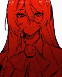 Rule 34 | 1girl, ascot, closed mouth, coat, collared shirt, fostia (zygyzy 031), hair between eyes, highres, lobotomy corporation, long hair, looking at viewer, monochrome, original, project moon, red theme, shirt, sidelocks, simple background, smile, solo, upper body, very long hair, zygyzy 031