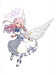 Rule 34 | 1girl, adapted costume, alternate costume, angel wings, asakuraki, blue archive, blue bow, blue footwear, bow, breasts, bright pupils, buttons, double-breasted, dress, enmaided, feathered wings, footwear bow, frilled dress, frills, hair bun, hair ornament, hair scrunchie, halo, high heels, highres, long hair, looking at viewer, maid, maid headdress, medium breasts, mika (blue archive), open mouth, pink hair, puffy short sleeves, puffy sleeves, scrunchie, short sleeves, simple background, single side bun, smile, solo, standing, teeth, upper teeth only, white background, white dress, white pupils, white wings, wing decorations, wings, wrist scrunchie, yellow eyes