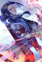 Rule 34 | 1boy, alternate hairstyle, armor, arrow (projectile), belt, black hair, bow (weapon), brown eyes, cherry blossoms, gauntlets, gloves, hanzo (overwatch), japanese clothes, long hair, long sleeves, low-tied long hair, male focus, nakii, overwatch, overwatch 1, pants, partially fingerless gloves, pauldrons, petals, ponytail, quiver, shoulder armor, solo, tassel, tattoo, weapon