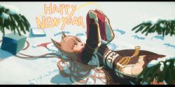 Rule 34 | 1girl, animal ears, arknights, arms up, belt, blurry, blurry foreground, box, branch, brown dress, brown jacket, brown thighhighs, ceobe (arknights), chinese commentary, christmas, commentary request, dog ears, dress, english text, footprints, gift, green ribbon, happy new year, hat, highres, holding, holding clothes, holding scarf, jacket, letterboxed, long hair, long sleeves, lying, new year, on back, on ground, open mouth, orange hair, red eyes, red ribbon, ribbon, santa hat, scarf, shadow, shuyaojuezanbaoganzhong, smile, snow, solo, striped ribbon, thighhighs, unworn hat, unworn headwear, unworn scarf