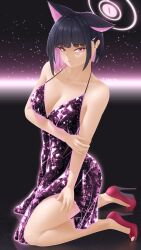 Rule 34 | 1girl, absurdres, animal ears, bare shoulders, black hair, blue archive, breasts, cat ears, cleavage, crystal, crystal dress, dress, full body, hair ornament, hairclip, halo, heels, highres, kazusa (blue archive), looking at viewer, medium breasts, pink hair, red eyes, red heels, simple background, sparkle, sparkle background, takie arts