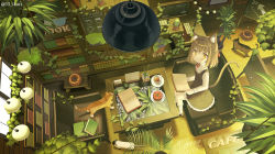 Rule 34 | 1girl, animal ear fluff, animal ears, black footwear, book, bookshelf, braid, brown dress, brown eyes, brown hair, cafe, cat ears, cat girl, cat tail, closed mouth, collared shirt, commentary request, couch, cup, dress, food, frilled dress, frills, from above, hair between eyes, highres, holding, holding book, ikari (aor3507), indoors, long sleeves, looking at viewer, looking up, menu, neck ribbon, on couch, open book, original, plant, pleated dress, red ribbon, ribbon, saucer, shirt, shoes, sitting, sleeveless, sleeveless dress, smile, socks, solo, spoon, table, tail, white shirt, white socks, wooden floor