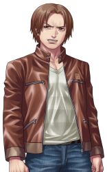 Rule 34 | 1boy, arms at sides, belt, brown eyes, brown hair, brown jacket, buttons, clenched teeth, denim, fusaishi haruaki, jacket, jeans, kagelow, long sleeves, looking at viewer, male focus, official art, open clothes, open jacket, pants, raging loop, short hair, solo, tachi-e, teeth, third-party source, transparent background, variant set, zipper, zipper pull tab