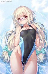 Rule 34 | 1girl, bare shoulders, blonde hair, blush, breasts, competition swimsuit, covered navel, glasses, hands on own chest, highleg, highleg swimsuit, hong (white spider), long hair, looking at viewer, one-piece swimsuit, original, partially submerged, red eyes, solo, swimsuit, water, wet
