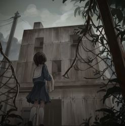 Rule 34 | 1girl, bad id, bad pixiv id, building, female focus, from behind, original, outdoors, pleated skirt, short hair, skirt, solo, tensen (dotted line), tree