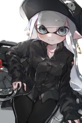 Rule 34 | 1girl, baseball cap, black hat, black jacket, closed mouth, commentary request, dangle earrings, earrings, grey eyes, grey hair, hat, highres, inkling, inkling girl, inkling player character, jacket, jewelry, long hair, looking at viewer, nintendo, open clothes, open jacket, pointy ears, simple background, sitting, sloshing machine (splatoon), smile, solo, splatoon (series), splatoon 2, tentacle hair, weapon, white background, yksb inc6