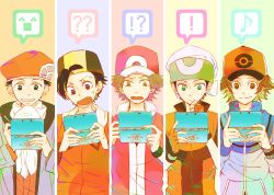 Rule 34 | 00s, 10s, 1990s (style), 5boys, alternate costume, alternate headwear, bad id, bad pixiv id, brendan (pokemon), brendan (pokemon emerald), creatures (company), emoticon, ethan (pokemon), game freak, handheld game console, hat, hilbert (pokemon), holding, lucas (pokemon), machiko (matiko), male focus, multiple boys, nintendo, nintendo 3ds, playing games, pokemon, pokemon bw, pokemon dppt, pokemon frlg, pokemon hgss, pokemon rgby, pokemon rse, red (pokemon), red (pokemon frlg), retro artstyle, winter clothes