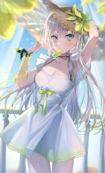 Rule 34 | 1girl, aqua eyes, arm up, armpits, blue sky, blurry, blurry background, blush, breasts, clear sky, cleavage, collarbone, cowboy shot, curtains, day, dress, food, food in mouth, hat, highres, holding, holding clothes, holding hat, long hair, looking at viewer, medium breasts, miwano rag, original, popsicle, popsicle in mouth, sky, standing, sun hat, white dress, white hair