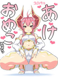 Rule 34 | 1girl, ass, bare shoulders, breasts, cameltoe, detached sleeves, earrings, horn ornament, horn ring, horns, jewelry, long hair, looking at viewer, medium breasts, midriff, navel, new year, original, otoo (izanagi), parted lips, pink hair, pointy ears, red eyes, sandals, smile, solo, spread legs, spread pussy under clothes, squatting, thick thighs, thighs, wide hips