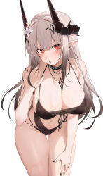 Rule 34 | 1girl, arknights, bikini, black bikini, black nails, blush, breasts, cameltoe, cleavage, cowboy shot, demon horns, flower, groin, hair flower, hair ornament, highres, horns, infection monitor (arknights), large breasts, leaning forward, long hair, looking at viewer, material growth, mudrock (arknights), mudrock (silent night) (arknights), nail polish, navel, o-ring, o-ring top, oripathy lesion (arknights), pointy ears, red eyes, ru zhai, solo, swimsuit, thighs, white flower