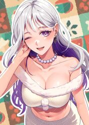 Rule 34 | 1girl, absurdres, bead necklace, beads, breasts, commission, crop top, earrings, fur trim, grey hair, highres, indie virtual youtuber, jewelry, large breasts, long hair, mayuki ran, midriff, multicolored hair, navel, necklace, one eye closed, open mouth, pinchi, purple hair, skirt, solo, stomach, white skirt