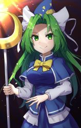 Rule 34 | 1girl, blue capelet, bow, bowtie, breasts, capelet, closed mouth, green eyes, green hair, highres, holding, holding staff, large breasts, long hair, long sleeves, looking at viewer, mima (touhou), parted bangs, smile, solo, staff, touhou, touhou (pc-98), upper body, yellow bow, yellow bowtie, yosshy