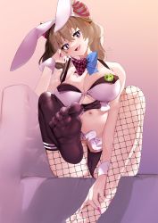 Rule 34 | 1girl, aiushi (lovecowjp), animal ears, azur lane, black panties, breasts, brown hair, cameltoe, cleft of venus, couch, fake animal ears, feet, female focus, fingernails, fishnet pantyhose, fishnets, foot focus, from below, full body, hand on leg, hand on own face, head rest, highres, large breasts, leotard, long hair, looking at viewer, nail polish, navel, open mouth, panties, pantyhose, playboy bunny, purple eyes, purple nails, rabbit ears, san francisco (azur lane), san francisco (funny bunny!) (azur lane), simple background, sitting, soles, solo, toes, underwear