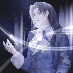 Rule 34 | 1boy, absurdres, angel, arm up, blue jacket, brooch, chinese commentary, commentary request, earrings, highres, jacket, jewelry, key, long hair, long sleeves, lord of the mysteries, male focus, mr. door, nail, neckerchief, shirt, solo, space, white neckerchief, white shirt, yinyoushirenmaotouying