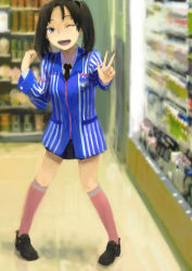 Rule 34 | 1girl, absurdres, bad id, bad pixiv id, black hair, blue eyes, clerk, convenience store, employee uniform, highres, lawson, necktie, nimirom, one eye closed, shirt, shop, skirt, solo, striped clothes, striped shirt, twintails, uniform, v, vertical-striped clothes, vertical-striped shirt, wink
