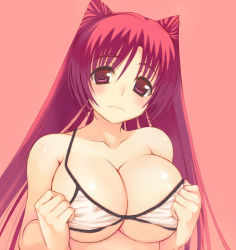 Rule 34 | 1girl, bad id, bad pixiv id, bare shoulders, bikini, blush, breasts, hair intakes, kousaka tamaki, large breasts, long hair, looking at viewer, miranisuta, red eyes, red hair, simple background, solo, swimsuit, to heart (series), to heart 2, upper body