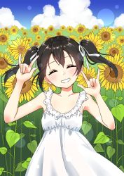 Rule 34 | 1girl, 2019, absurdres, artist name, artist request, bare shoulders, black hair, blue sky, blush, bow, cloud, cloudy sky, double v, dress, closed eyes, female focus, flower, hair ribbon, highres, love live!, love live! school idol project, nico nico nii, parted lips, red bow, red eyes, ribbon, sky, smile, solo, sundress, twintails, v, white dress, yazawa nico