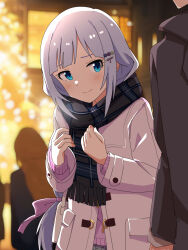Rule 34 | 1girl, blue eyes, blunt bangs, blurry, blurry background, blush, bow, christmas tree, closed mouth, coat, depth of field, eyebrows hidden by hair, grey hair, grey scarf, hair bow, hair ornament, hairclip, highres, idolmaster, idolmaster million live!, idolmaster million live! theater days, long hair, long sleeves, looking at another, night, outdoors, pink bow, pink sweater, plaid, plaid scarf, private dress (idolmaster million live!), scarf, shiraishi tsumugi, smile, solo focus, sweater, trinitro t, very long hair, white coat