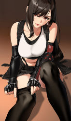Rule 34 | 1girl, bare shoulders, black skirt, breasts, cleavage, collarbone, earrings, elbow pads, final fantasy, final fantasy vii, final fantasy vii remake, fingerless gloves, gloves, highres, jewelry, large breasts, long hair, looking at viewer, low-tied long hair, materia, midriff, navel, shirt, skirt, solo, suspender skirt, suspenders, tank top, taut clothes, taut shirt, thighhighs, tifa lockhart, white tank top, yd (orange maru)