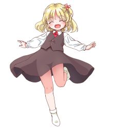 Rule 34 | 1girl, black background, black skirt, black vest, blonde hair, closed eyes, facing viewer, fangs, full body, hair ribbon, long sleeves, medium hair, one side up, open mouth, red neckwear, red ribbon, ribbon, rumia, s-a-murai, see-through silhouette, shirt, simple background, skirt, socks, solo, touhou, vest, white background, white shirt, white socks