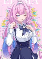 Rule 34 | 1girl, black skirt, blue bow, blue eyes, blue skirt, blush, bow, bowtie, breasts, center frills, character name, collared shirt, elf, elysia (coco) (honkai impact), elysia (honkai impact), english text, floral background, flower, frills, grin, hairband, high-waist skirt, highres, honkai (series), honkai impact 3rd, long hair, long sleeves, looking at viewer, medium breasts, one eye closed, petals, pink background, pink flower, pink hair, pink pupils, pointy ears, ponytail, scarf, shirt, skirt, smile, solo, suspender skirt, suspenders, teeth, ufotram, very long hair, white shirt, yellow flower