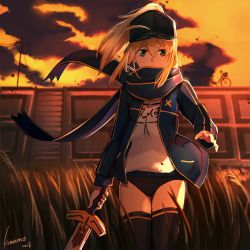 Rule 34 | 1girl, 2018, ahoge, artoria pendragon (fate), bicycle, black hat, black thighhighs, blonde hair, blue buruma, blue jacket, blue scarf, blurry, blurry background, buruma, character name, cloud, cowboy shot, dusk, excalibur (fate/stay night), fate/grand order, fate (series), floating hair, green eyes, gym uniform, hair between eyes, hat, high ponytail, highres, holding, holding sword, holding weapon, jacket, kosumi, long hair, looking at viewer, mysterious heroine x (fate), open clothes, open jacket, orange sky, outdoors, ponytail, print shirt, riverbank, scarf, scarf over mouth, shirt, signature, sky, solo, standing, sword, thighhighs, weapon, white shirt