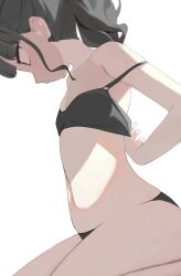 1girl adjusting_bra adjusting_clothes black_bra black_eyes black_hair black_panties bra breasts closed_mouth commentary highres hiroki_(yyqw7151) original panties simple_background sitting small_breasts solo thighs underwear white_background