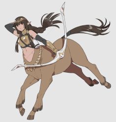 Rule 34 | 1girl, arm up, armor, bare shoulders, black gloves, bodystocking, bow (weapon), braid, braided ponytail, breastplate, breasts, brown hair, centaur, circlet, closed mouth, collar, commentary request, cowboy shot, elbow gloves, fingerless gloves, floating hair, gauntlets, gloves, grey background, highres, holding, holding bow (weapon), holding weapon, horse tail, kizuta (barometz), long hair, looking at viewer, monster girl, multiple legs, navel, original, partial commentary, pointy ears, quiver, red eyes, running, sidelocks, simple background, solo, stomach, tail, taur, weapon