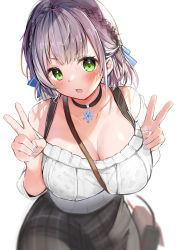 Rule 34 | 1girl, absurdres, bare shoulders, between breasts, black choker, blush, braid, breasts, choker, cleavage, collarbone, double v, green eyes, highres, hololive, large breasts, looking at viewer, off-shoulder sweater, off shoulder, open mouth, ribbed sweater, rinki oohen, shirogane noel, shirogane noel (casual), short hair, silver hair, smile, solo, strap between breasts, sweater, v, virtual youtuber, white sweater