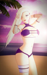Rule 34 | 1girl, 3d, beach, bikini, bikini top only, breasts, earrings, female focus, fingernails, hair ornament, highres, jewelry, large breasts, legas, long hair, looking at viewer, nail polish, naruto, naruto (series), naruto shippuuden, no pupils, one eye closed, open mouth, outdoors, panties, ponytail, sexually suggestive, solo, standing, swimsuit, underwear, v, yamanaka ino