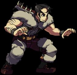 Rule 34 | 1boy, ahoge, animated, animated gif, argyle, belt, beowulf (skullgirls), black hair, eyebrows, facial hair, fighting stance, fur, grey eyes, loafers, lowres, male focus, muscular, official art, pelt, shoes, short hair, skullgirls, smirk, solo, stubble, suspenders, thick eyebrows, transparent background, wristband
