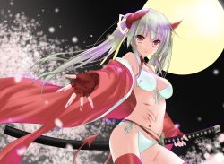 Rule 34 | 1girl, 47agdragon, bare shoulders, bikini, blood, blush, breasts, cleavage, colorized, demon girl, demon tail, fingerless gloves, front-tie top, full moon, gloves, highres, horns, katana, looking at viewer, moon, navel, outstretched hand, papuniko, pixiv fantasia, pixiv fantasia sword regalia, pointy ears, scabbard, sheath, side-tie bikini bottom, smile, solo, swimsuit, sword, tail, thighhighs, twintails, weapon