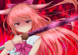 Rule 34 | 1girl, bow, bowtie, closed mouth, commentary request, cookie (touhou), hair bow, holding, holding sword, holding weapon, ibuki suika, katana, long hair, looking at viewer, nokemono, orange hair, red background, red bow, red bowtie, red eyes, shirt, sleeveless, sleeveless shirt, solo, sword, torn clothes, torn sleeves, touhou, upper body, weapon, white shirt, yamin (cookie)