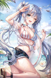Rule 34 | 1girl, absurdres, aqua eyes, aqua nails, bare shoulders, beach, belt, bikini, bikini top only, blue hair, blue shorts, blush, bracelet, breasts, cleavage, collarbone, from side, hair ornament, hatsune miku, highres, huge filesize, innertube, jewelry, long hair, looking at viewer, medium breasts, nail polish, navel, ocean, off shoulder, one eye closed, open mouth, outdoors, shirt, short shorts, short sleeves, shorts, smile, solo, starfish, starlime, striped bikini, striped clothes, swim ring, swimsuit, thighs, twintails, vocaloid, water, white shirt