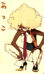 Rule 34 | 1girl, afro, artist request, atsuko jackson, bad id, bad pixiv id, blonde hair, boots, dark-skinned female, dark skin, glasses, high heel boots, high heels, highres, michiko to hacchin, necktie, simple background, sketch, solo, source request, translated
