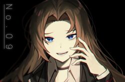 Rule 34 | 1girl, bad id, bad pixiv id, black background, black choker, black jacket, blue eyes, brown hair, choker, chromatic aberration, collared shirt, crying, crying with eyes open, hand on own face, highres, jacket, limbus company, long hair, long sleeves, looking at viewer, open mouth, parted bangs, portrait, project moon, rodion (project moon), shirt, simple background, smile, solo, tears, tt 921780, white shirt