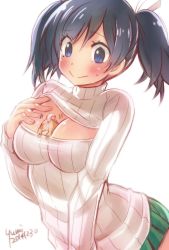 Rule 34 | 10s, 1girl, 2014, :&gt;, artist name, between breasts, black hair, blue eyes, blush, breasts, cleavage, closed mouth, dated, hair ribbon, highres, image sample, kantai collection, md5 mismatch, medium breasts, meme attire, open-chest sweater, resized, resolution mismatch, ribbed sweater, ribbon, short hair, simple background, solo, source larger, souryuu (kancolle), sweatdrop, sweater, turtleneck, twintails, upper body, white background, yumi yumi