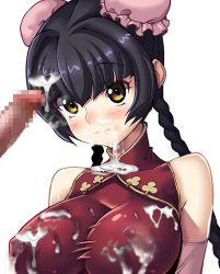 Rule 34 | 00s, 1girl, bare shoulders, black hair, blush, breasts, bukkake, bun cover, censored, china dress, chinese clothes, covered erect nipples, cum, cum on clothes, cum on hair, double bun, dress, elbow gloves, facial, gloves, gundam, gundam 00, hair bun, impossible clothes, impossible shirt, kink (tortoiseshell), large breasts, long hair, shiny clothes, shirt, skin tight, smile, solo, taut clothes, taut shirt, wang liu mei, yellow eyes