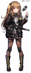 Rule 34 | 1girl, artist name, blush, boots, brown eyes, brown hair, explosive, fingerless gloves, flashbang, full body, girls&#039; frontline, gloves, gun, h&amp;k ump, h&amp;k ump, hair ornament, hairclip, heckler &amp; koch, highres, jacket, knee pads, long hair, looking at viewer, pantyhose, simple background, skirt, solo, submachine gun, tongue, tongue out, twintails, ump9 (girls&#039; frontline), weapon, whitehee93