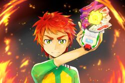 Rule 34 | 1boy, digimon, digimon universe: appli monsters, fire, green eyes, looking at viewer, male focus, ozora yujin, red hair, short hair, smile, solo